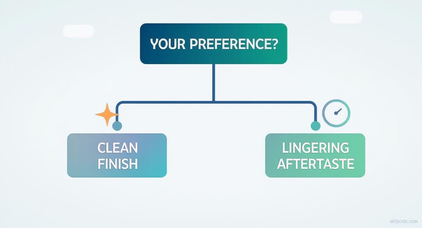 A flowchart asking 'YOUR PREFERENCE?' with options 'CLEAN FINISH' or 'LINGERING AFTERTASTE'.