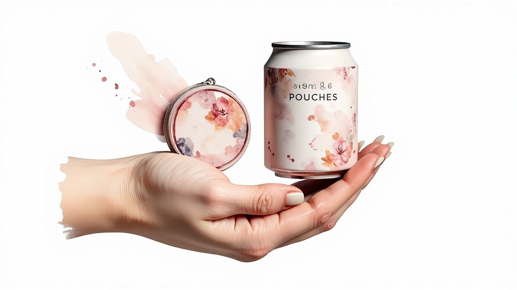 A hand holds a floral round zippered pouch and a can labeled "POUCHES" against a white background.