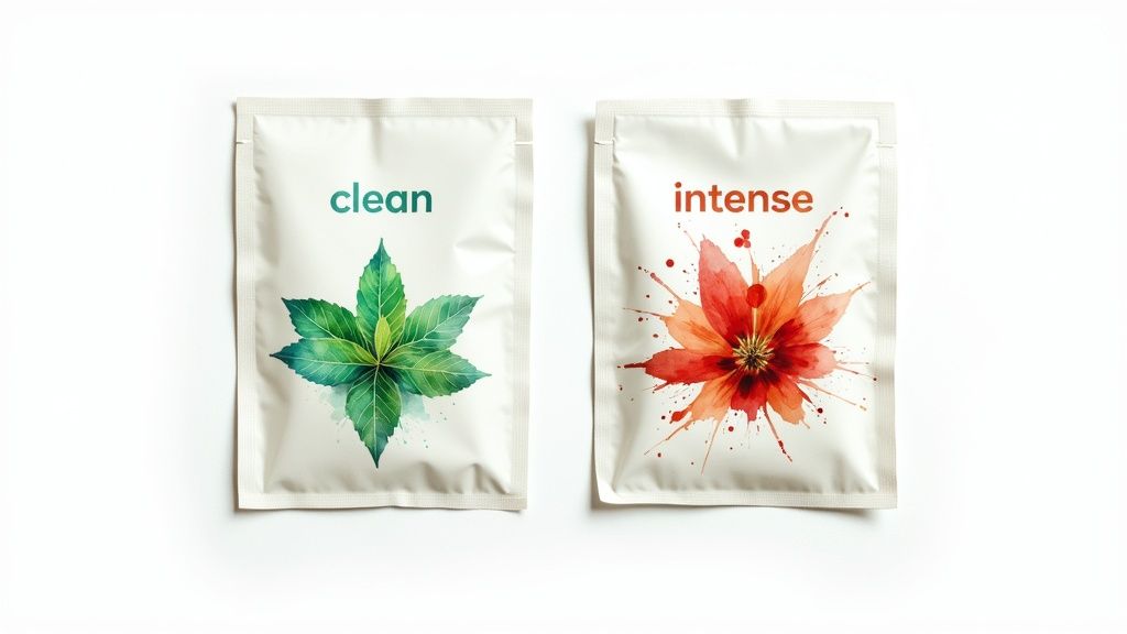 Two white nicotine pouches displayed: one 'clean' with green mint leaves, and one 'intense' with a red flower.