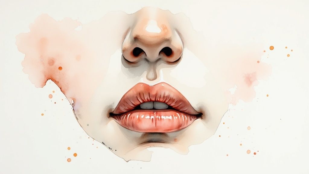 Artistic watercolor painting featuring a detailed human nose and full, slightly parted lips with splashes.