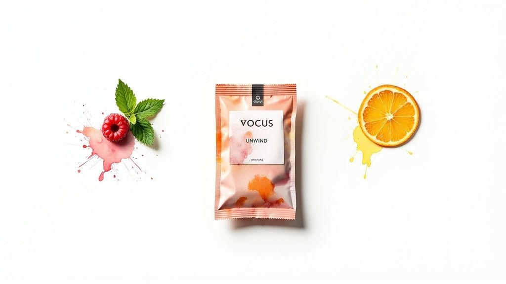 YOCUS unwind gummies packaging with fresh raspberry mint leaves and dried orange slice arrangement