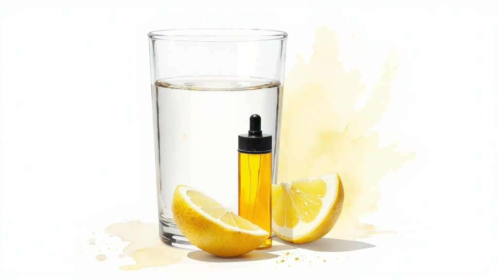 A glass of water, a dropper bottle with yellow liquid, and two lemon wedges on a white background with yellow splashes.