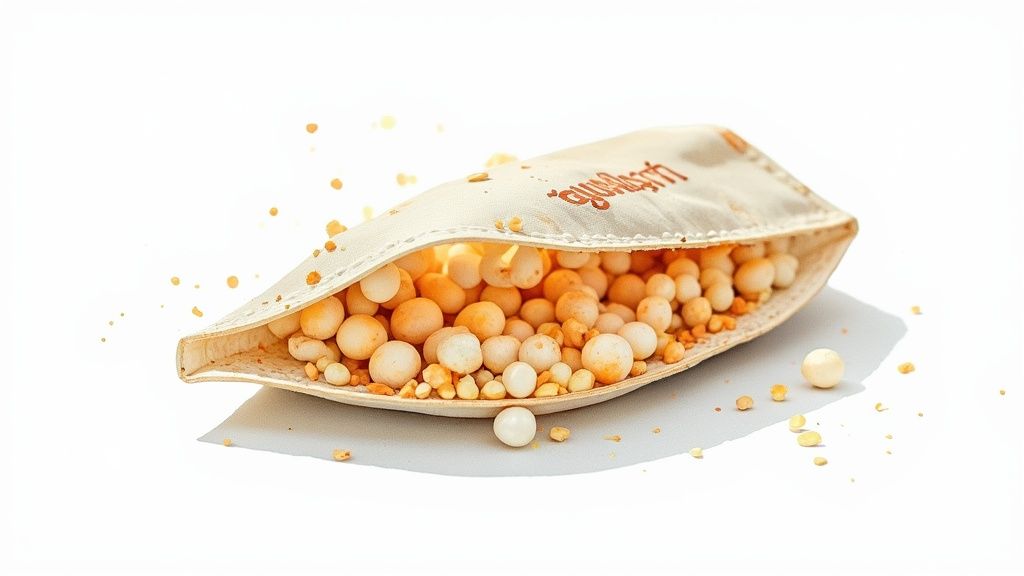 A light beige pouch filled with small, round orange and white candy-like snacks, scattered on a white surface.