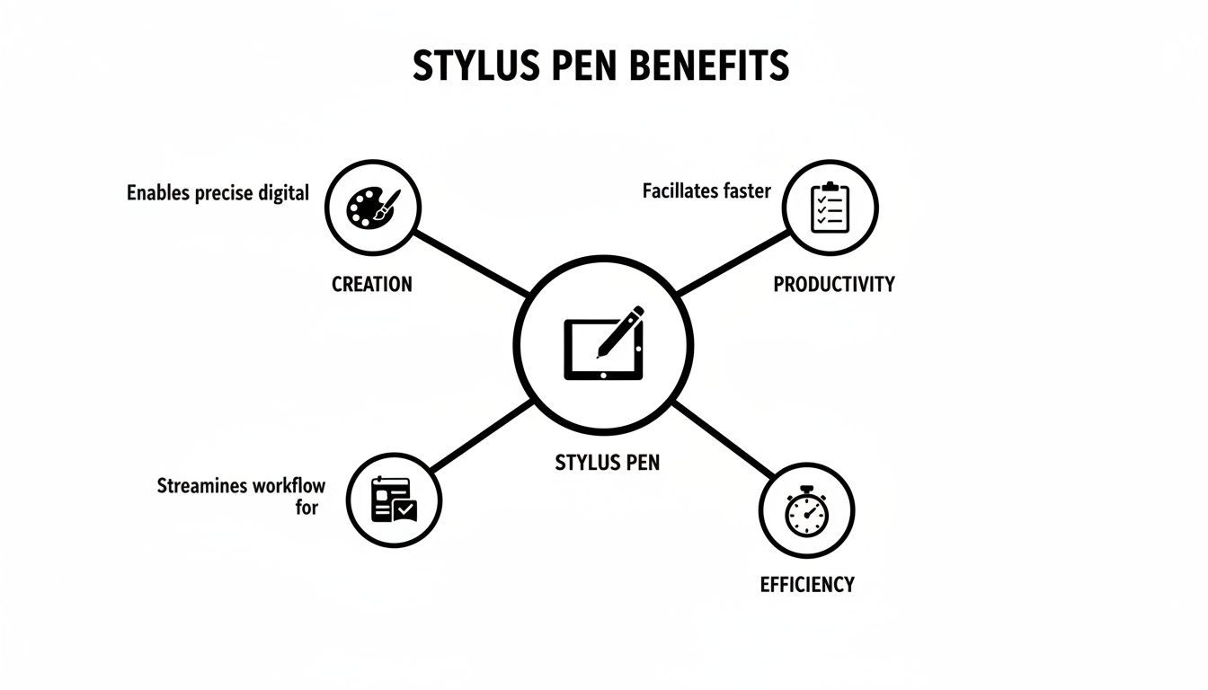 A diagram showing stylus pen benefits for creation, productivity, efficiency, and workflow.