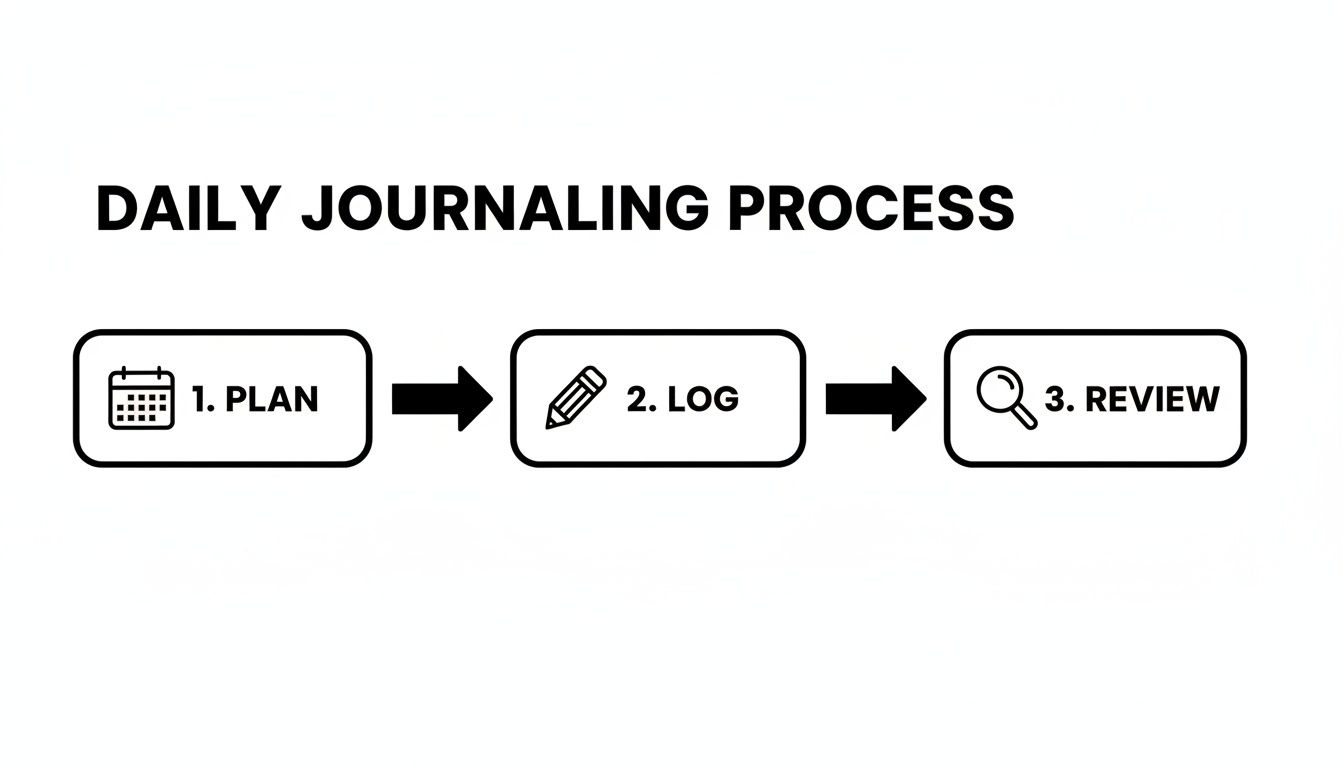 Flowchart illustrating the daily journaling process: 1. Plan, 2. Log, and 3. Review.