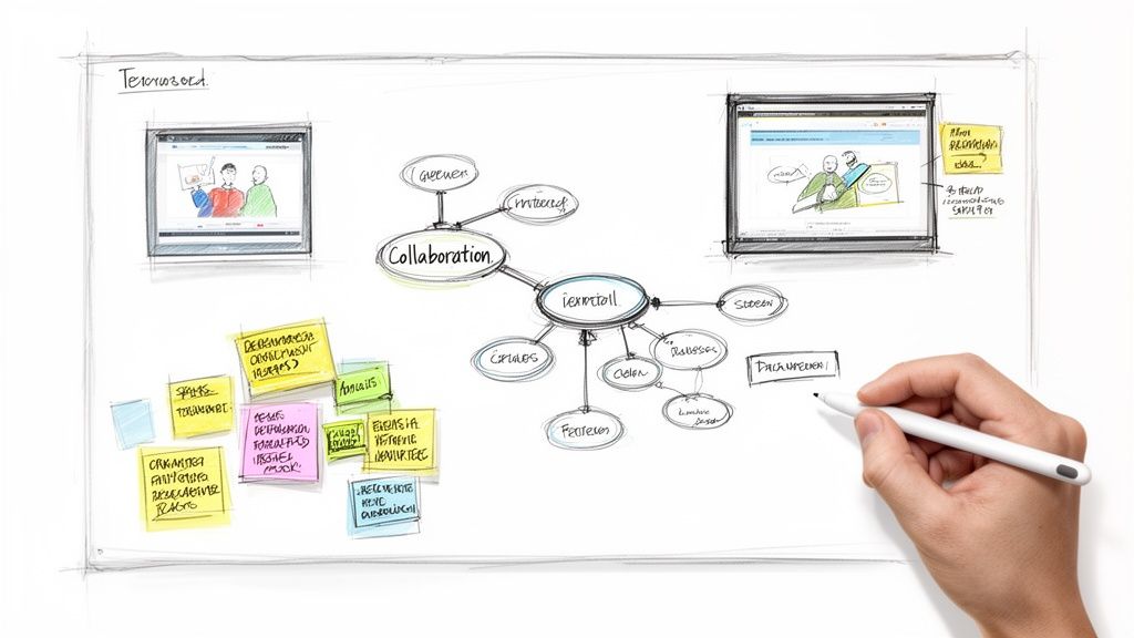 A hand sketches a detailed mind map on a whiteboard, illustrating collaboration concepts and an application.