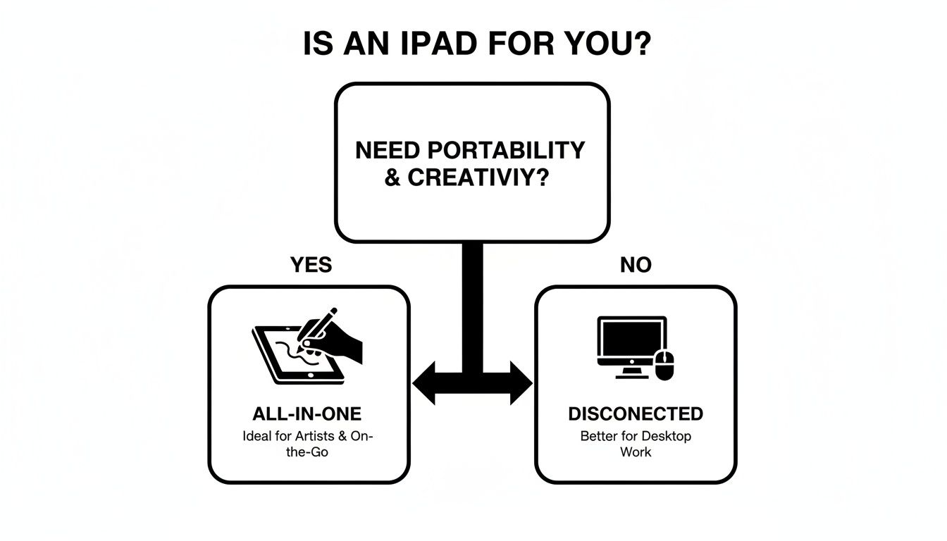 Flowchart determining iPad suitability based on portability and creativity needs for artists or desktop work.