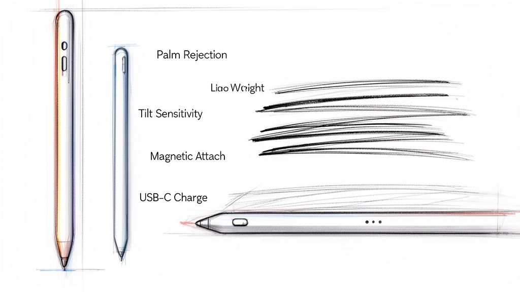 Digital pen design sketches highlighting features like palm rejection, tilt sensitivity, magnetic attach, and USB-C charging.