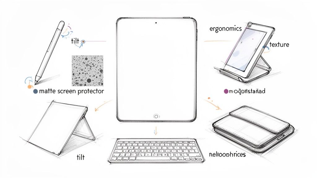 iPad concept sketch highlighting stylus tilt, matte screen protector, ergonomic stand, keyboard, and protective case.