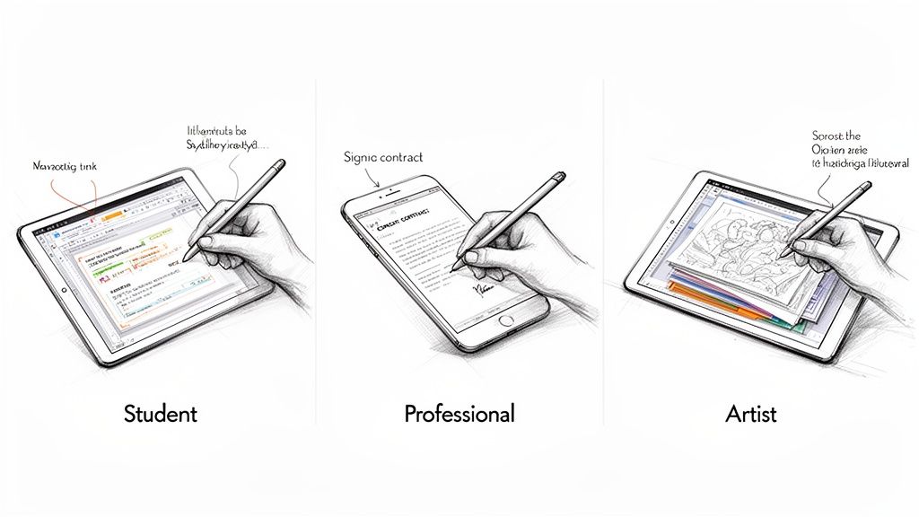 Three scenarios showing a student, professional, and artist using a stylus pen.