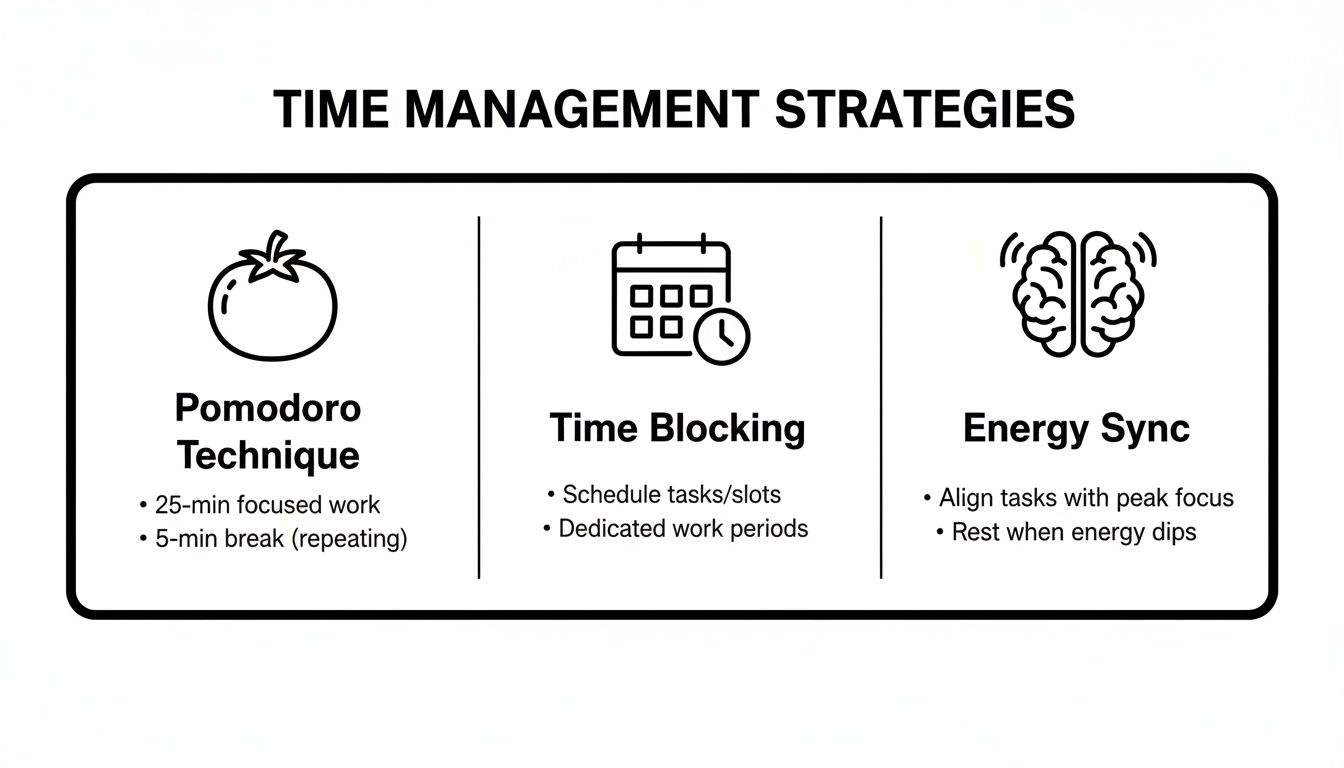 An infographic showcasing three time management strategies: Pomodoro Technique, Time Blocking, and Energy Sync.