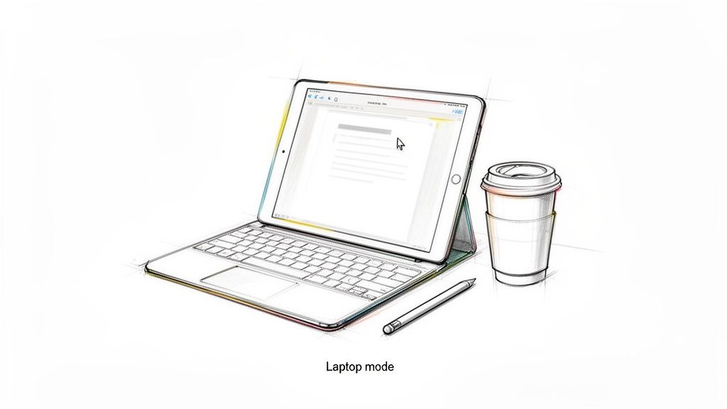 Sketch of an iPad in laptop mode with an attached keyboard case, stylus, and coffee cup.