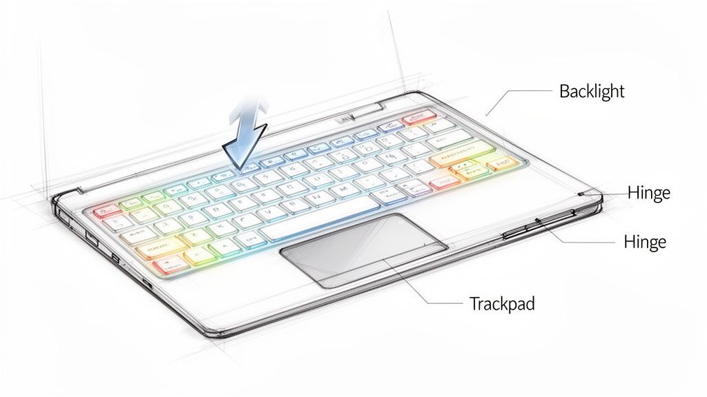Detailed sketch of a keyboard case for a tablet, highlighting backlight, hinges, and trackpad.