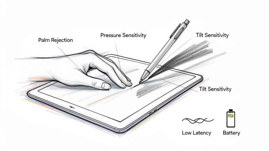 A hand using a stylus on a tablet, showing tilt and pressure features.