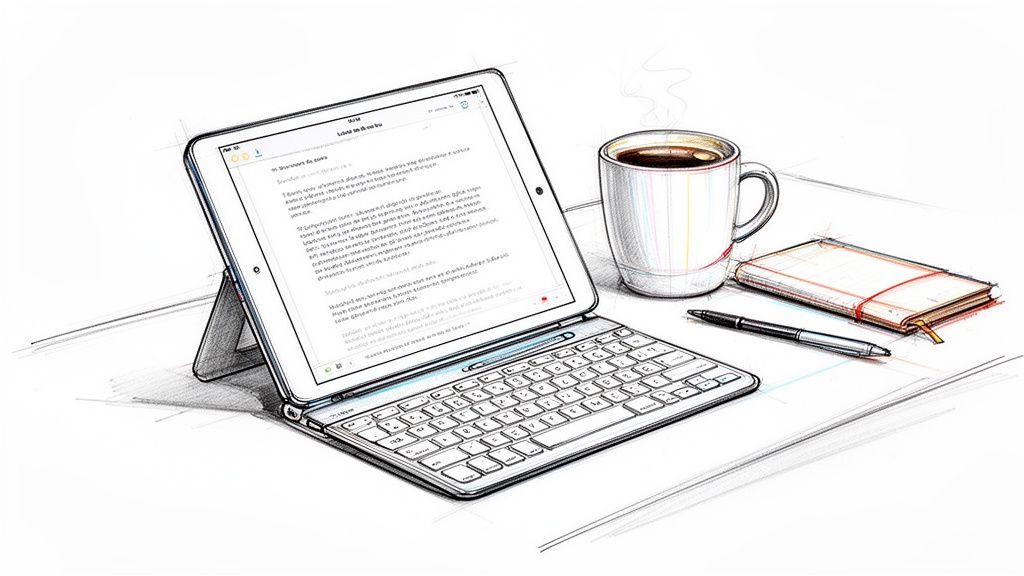 A detailed sketch showing an iPad with a wireless keyboard, a coffee mug, notebook, and pen on a desk.