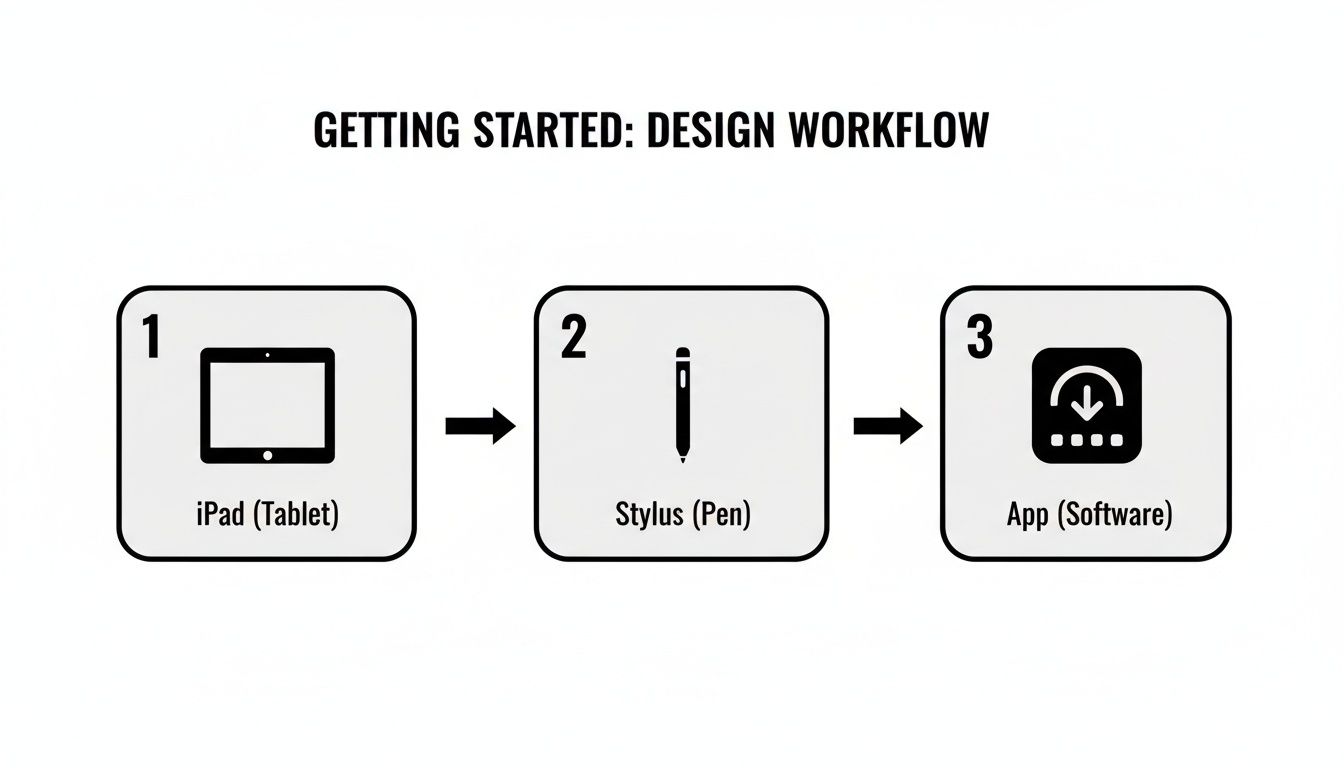 A design workflow diagram illustrating steps: an iPad, a stylus pen, and a drawing app.