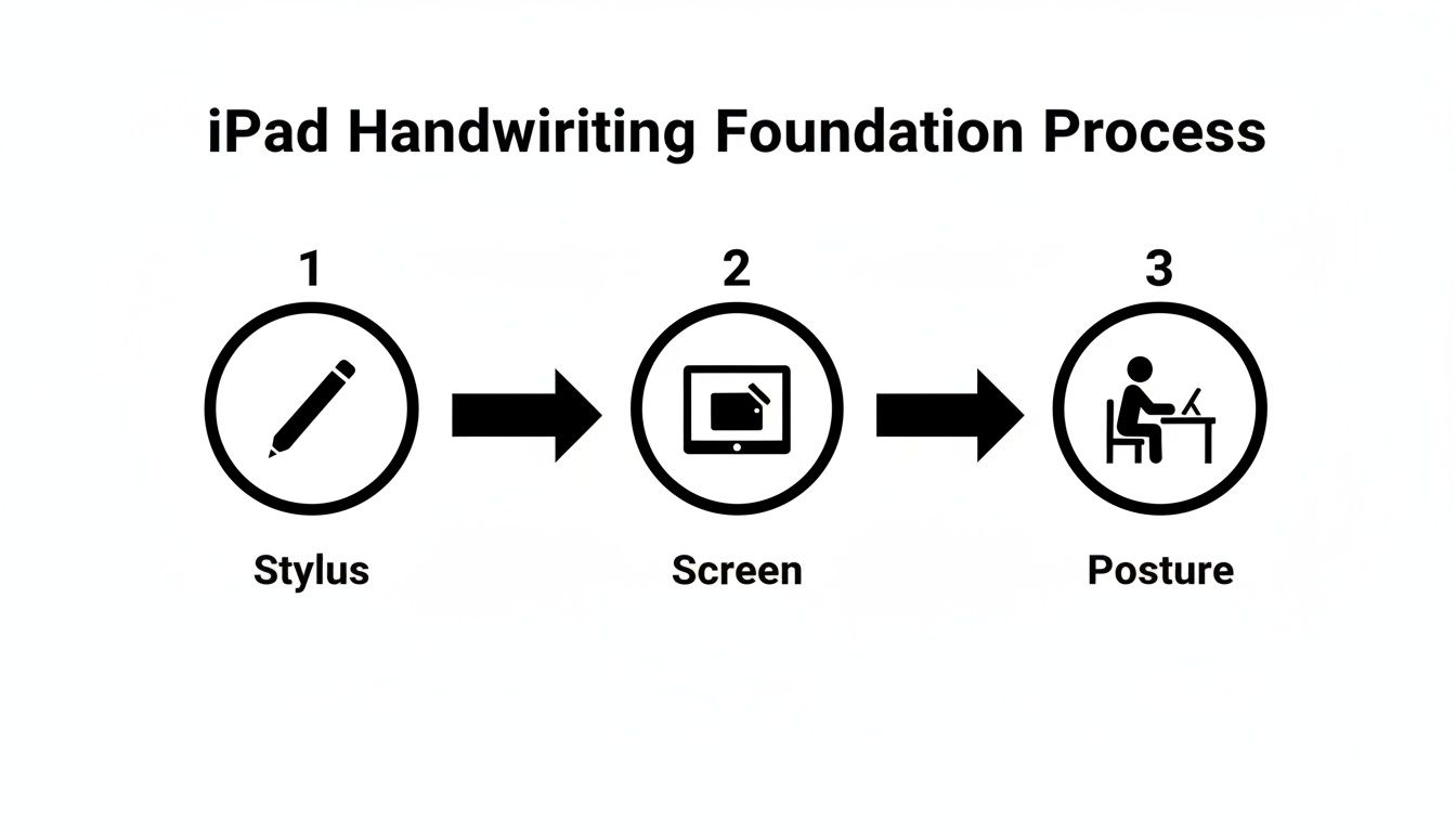 Flowchart illustrating the three foundational steps for iPad handwriting: stylus, screen, and proper posture.