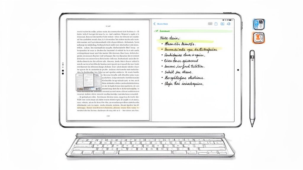 A detailed drawing of an iPad showing a split-screen view with a document and handwritten notes, a keyboard, and an Apple Pencil.