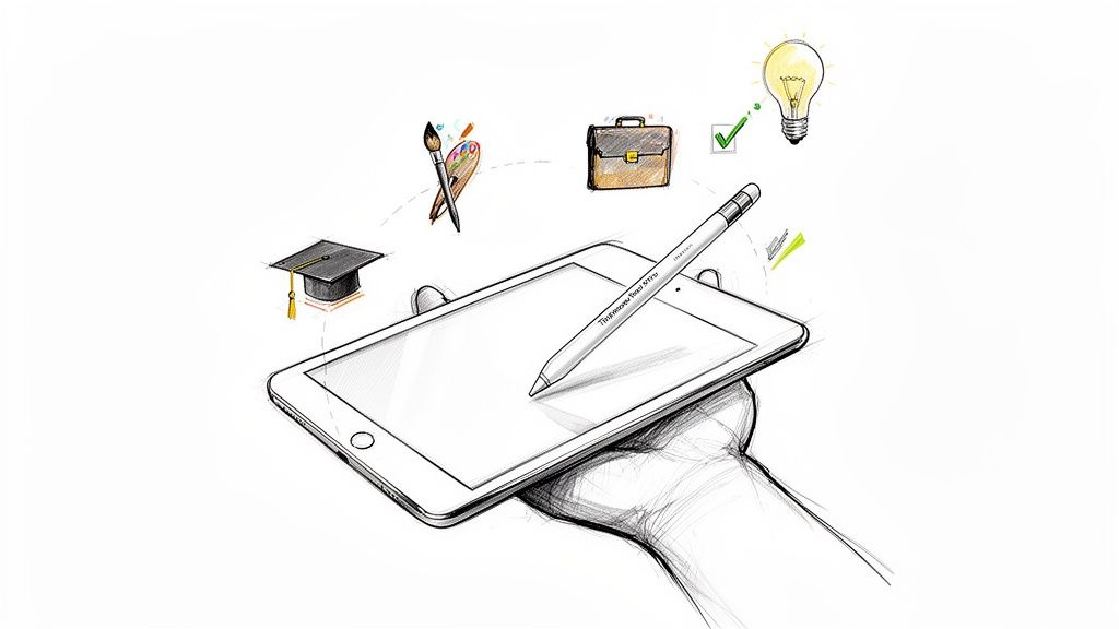 A hand holds a tablet with a stylus, surrounded by icons for education, art, business, and ideas.