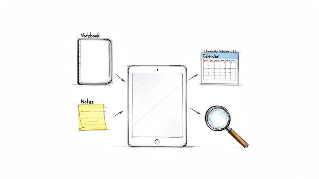 Digital tablet consolidating notebook, notes, calendar, and search functions with arrows.