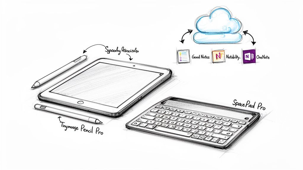 A detailed sketch of digital note-taking devices, including a tablet, styluses, and keyboard, syncing with cloud apps.