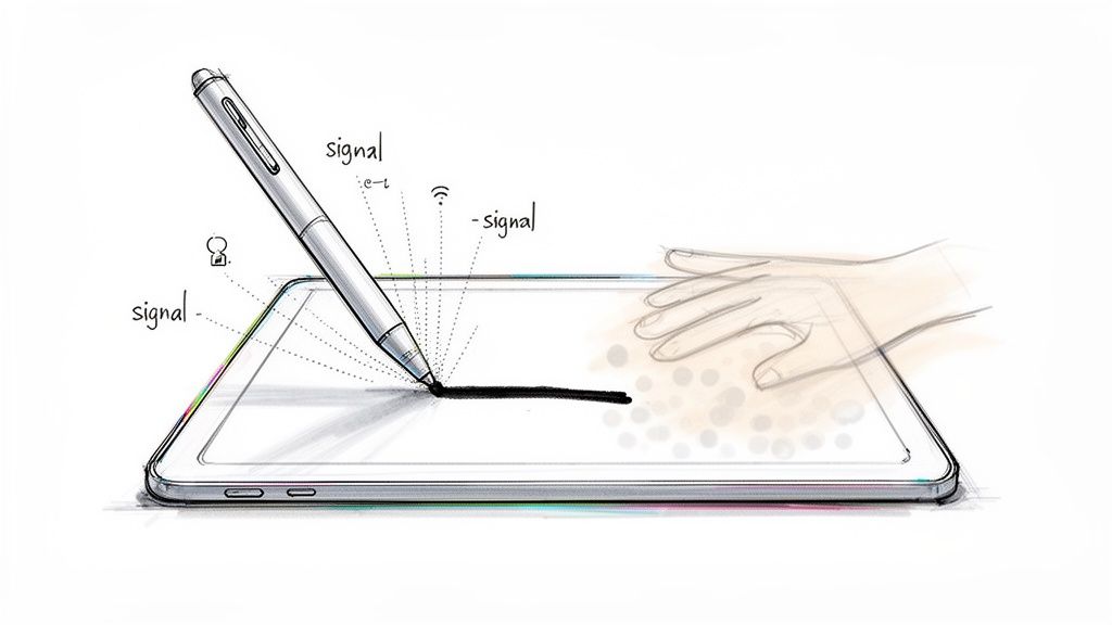 A sketch showing a stylus drawing on a tablet with a palm resting, indicating signal and palm rejection.