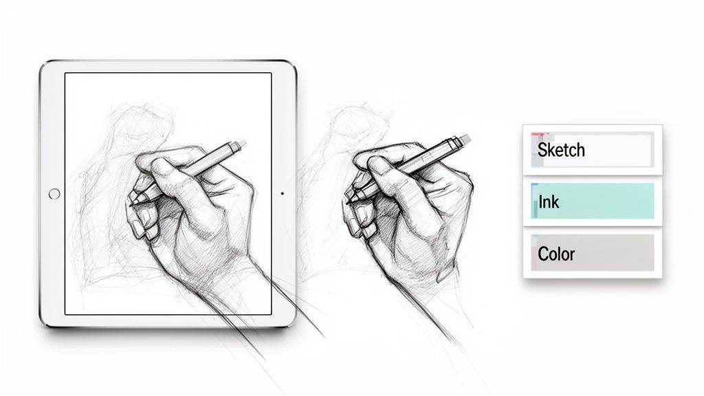 A hand sketches on an iPad screen, demonstrating digital drawing stages: sketch, ink, color.