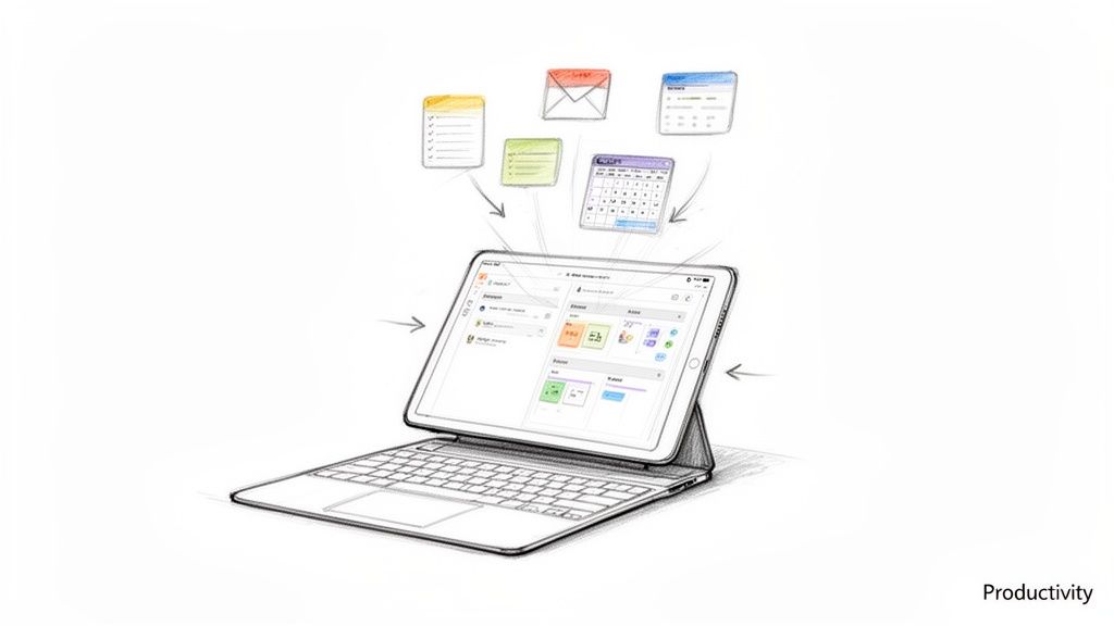A sketch of an iPad with a keyboard case, integrating various productivity applications like notes, email, and calendar.
