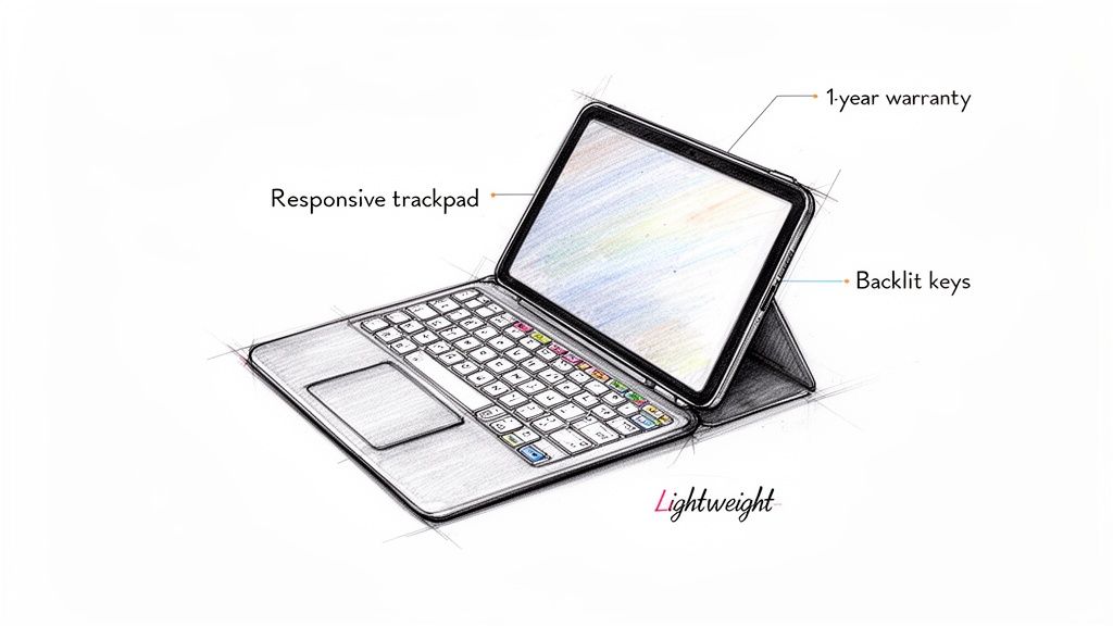 Sketch of an iPad keyboard case highlighting features like responsive trackpad, backlit keys, 1-year warranty, and lightweight design.