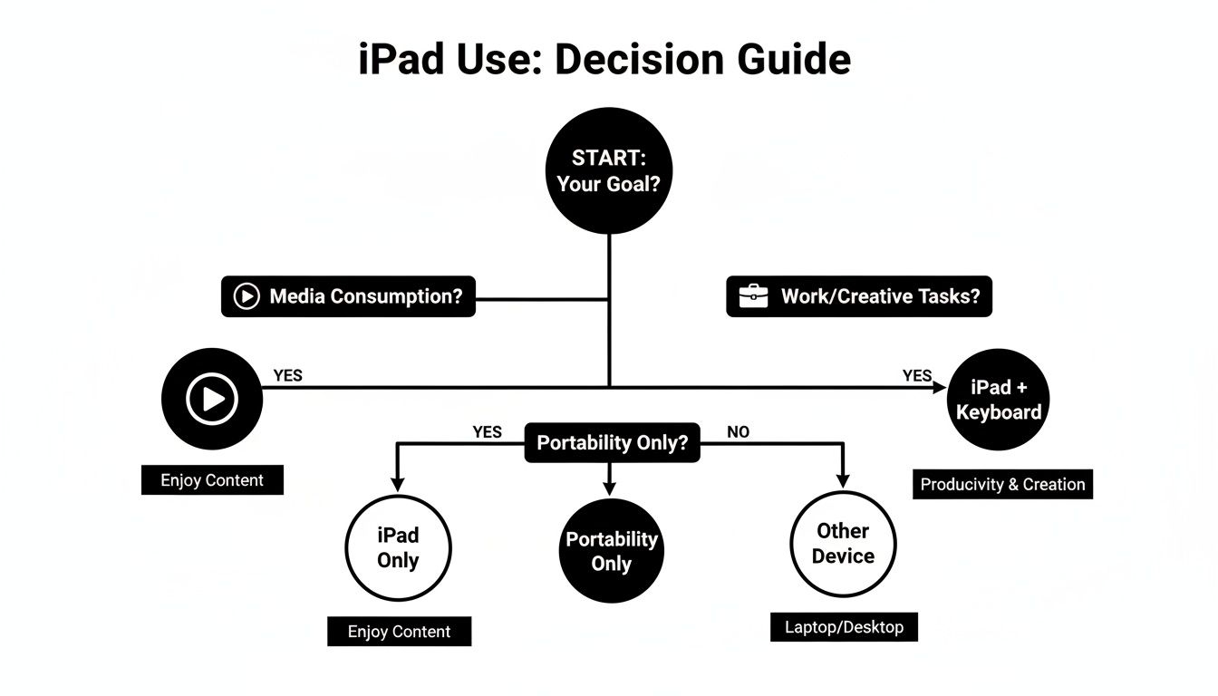 A decision guide flowchart for iPad use, determining if it's for media consumption, work, or other devices.