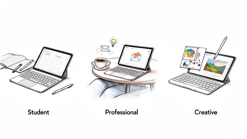 Three scenarios showing a tablet with a keyboard and trackpad used by students, professionals, and creatives.