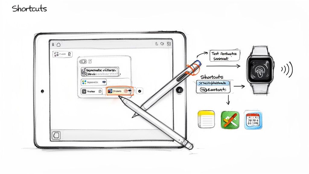 A sketch illustrating Apple Shortcuts workflow on an iPad with Apple Pencil, interacting with an Apple Watch and other apps.