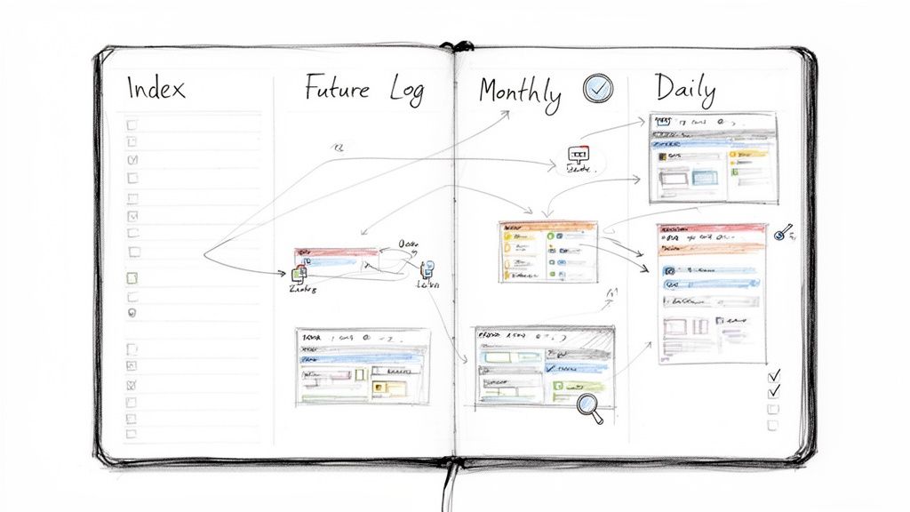A detailed sketch of a digital bullet journal with Index, Future Log, Monthly, and Daily sections linked by arrows.