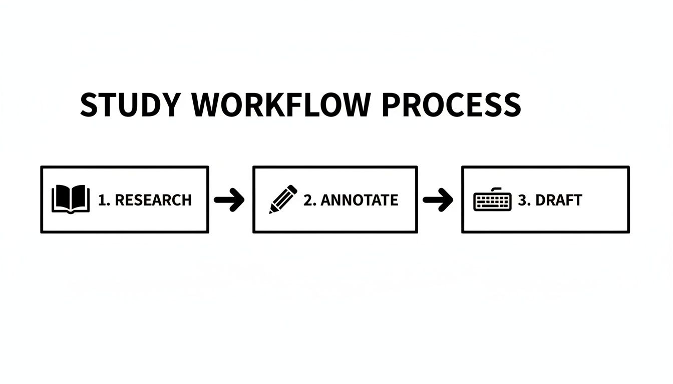 A simple black and white diagram outlining a three-step study workflow process.