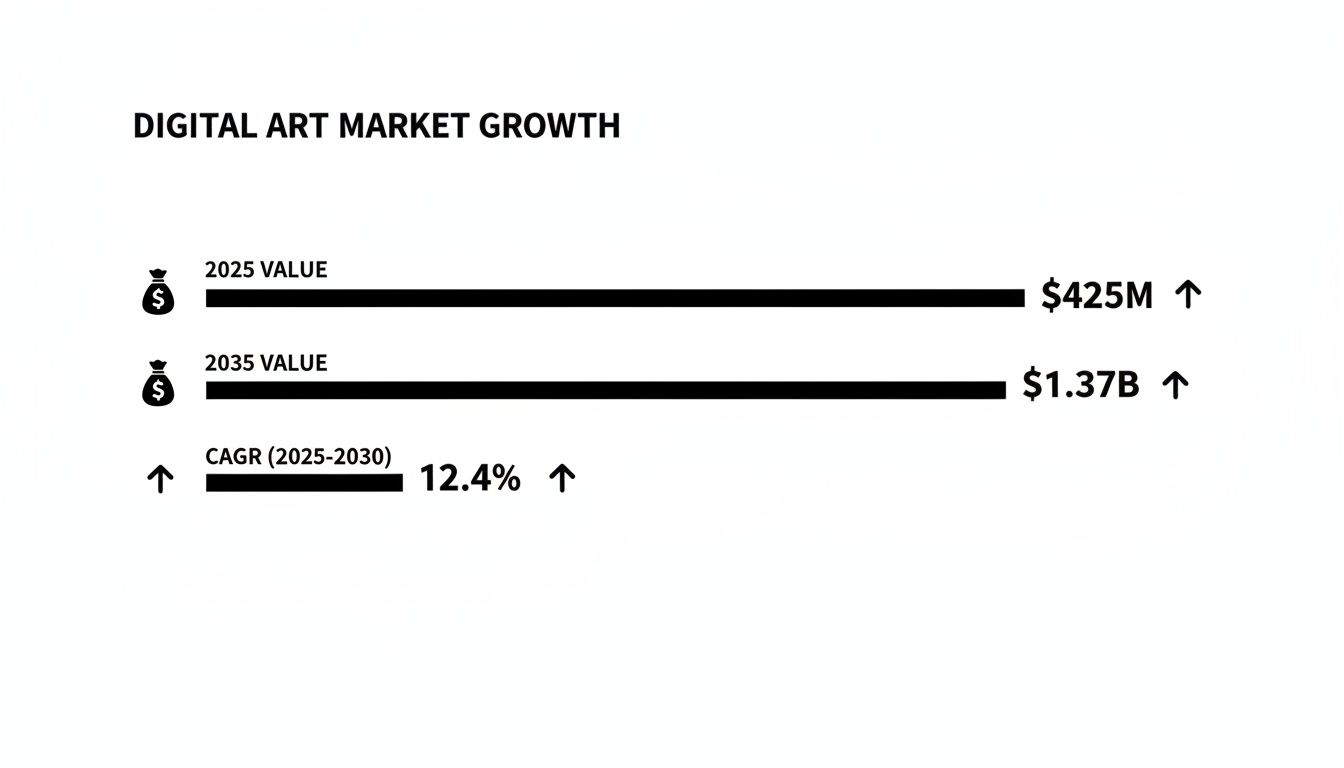 Infographic showing digital art market growth data with projected values for 2025 ($425M) and 2035 ($1.37B), and a 12.4% CAGR.