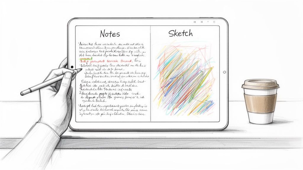 A hand sketches on a tablet with a pen stylus, next to a coffee cup.