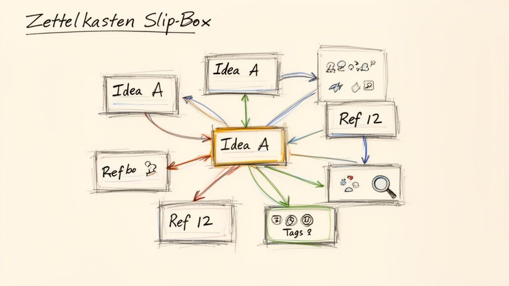 A diagram illustrating the Zettelkasten Slip-Box note-taking system with interconnected ideas and references.
