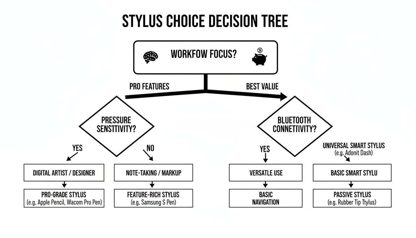A stylus choice decision tree diagram helps select the best stylus based on workflow focus, features, and value.