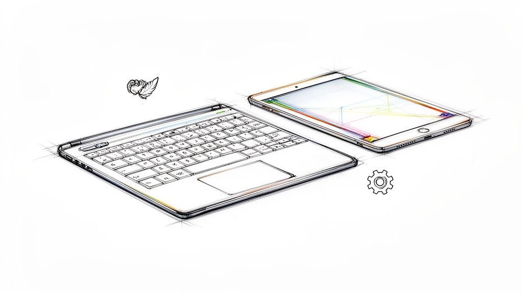 A colorful technical sketch of an iPad-like tablet and a detached keyboard with a trackpad.