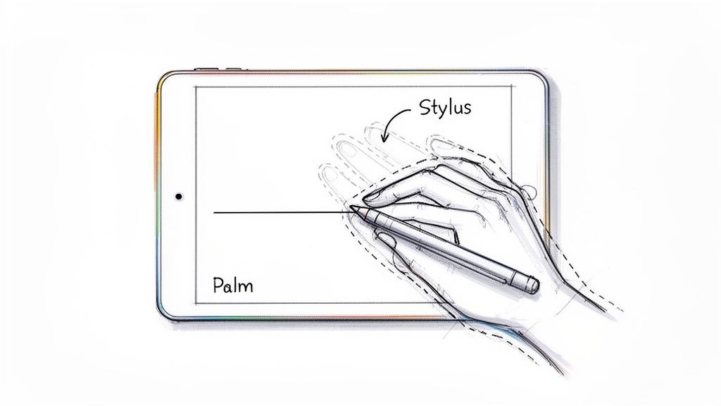 A hand uses a stylus to draw on a tablet, demonstrating palm rejection technology.