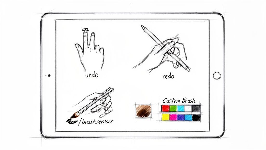 Sketches on an iPad illustrating hand gestures for undo, redo, brush/eraser, and custom brush colors.