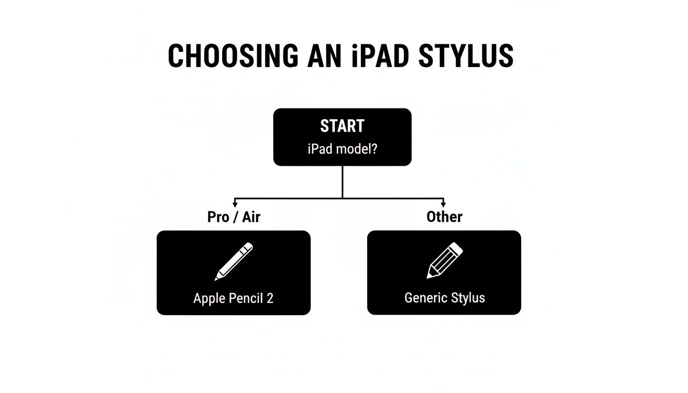 Flowchart guiding iPad users on choosing a stylus: Apple Pencil 2 for Pro/Air models, generic for others.