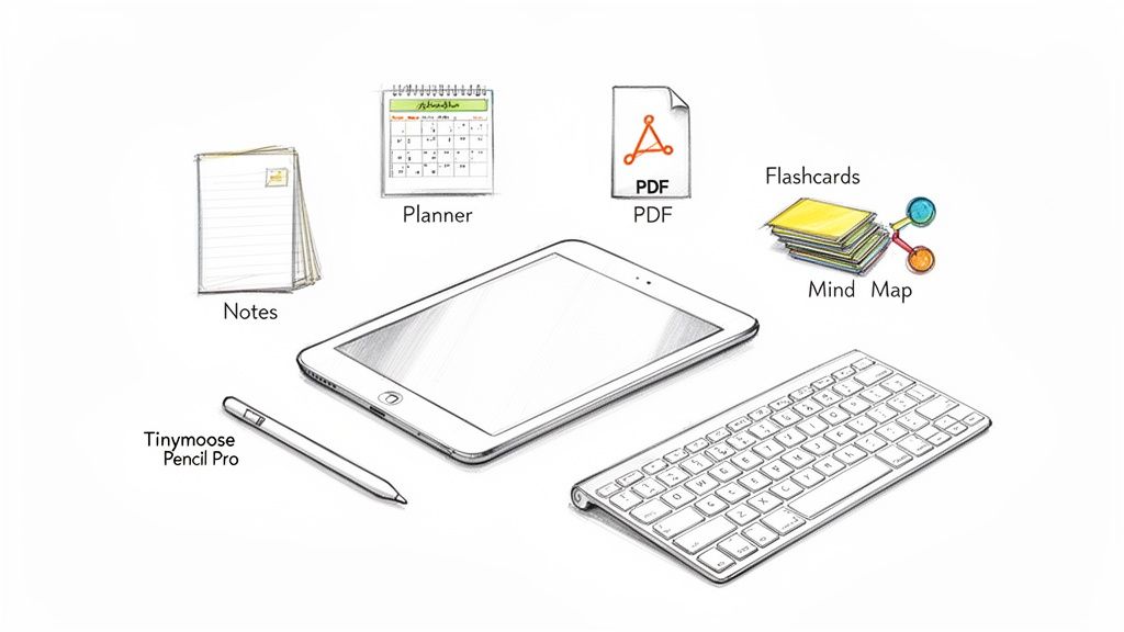 Digital study setup sketch with iPad, stylus, keyboard, notes, planner, PDF, flashcards, and mind map.