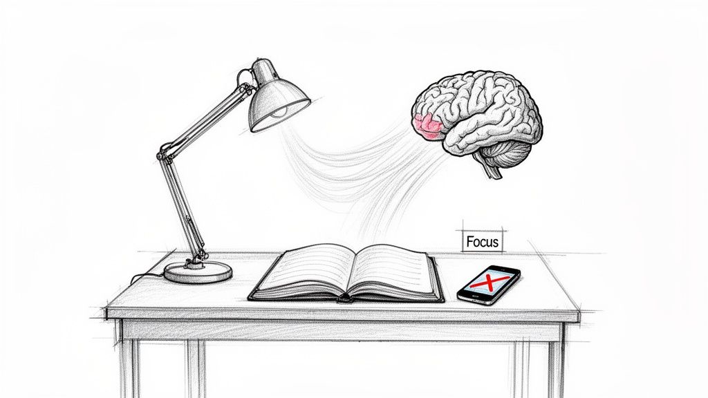 Illustration: desk lamp illuminating an open book, a brain focusing, and a smartphone marked 'X' for no distractions.