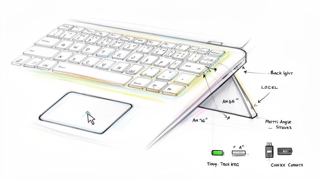 A detailed sketch of an iPad keyboard case with an adjustable stand, showing backlight and connectivity features.