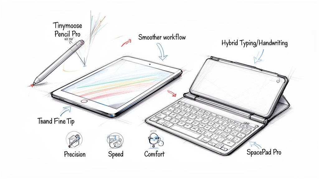 Sketch of iPad, Tinnymoose Pencil Pro, and SpacePad Pro keyboard for hybrid work.
