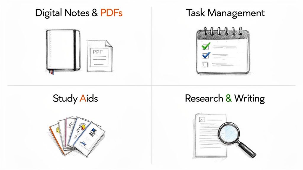 A graphic showing four categories of student tools: digital notes, task management, study aids, and research.