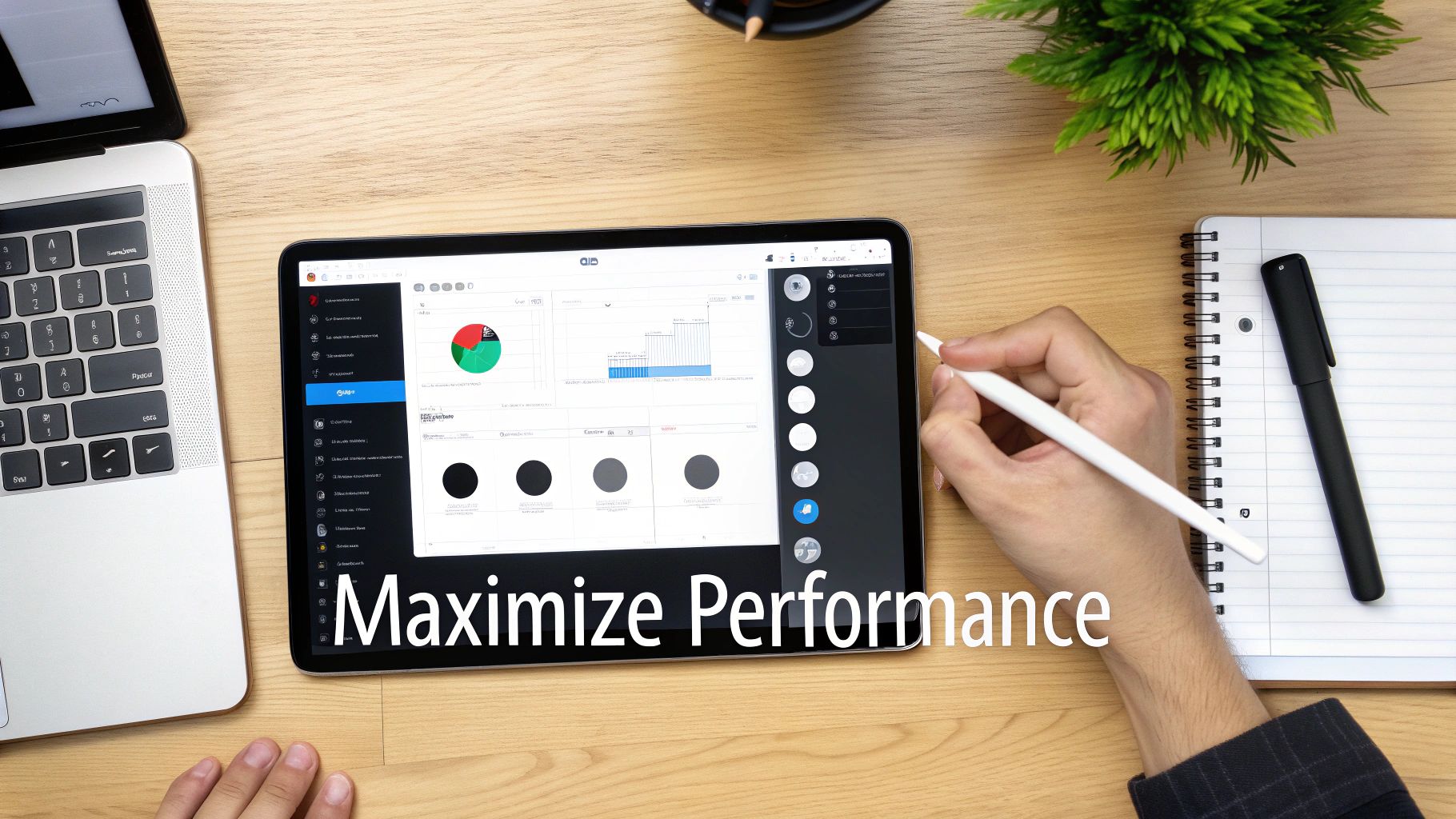 Overhead view of a person using a white stylus on an iPad displaying performance charts and data, next to a laptop.