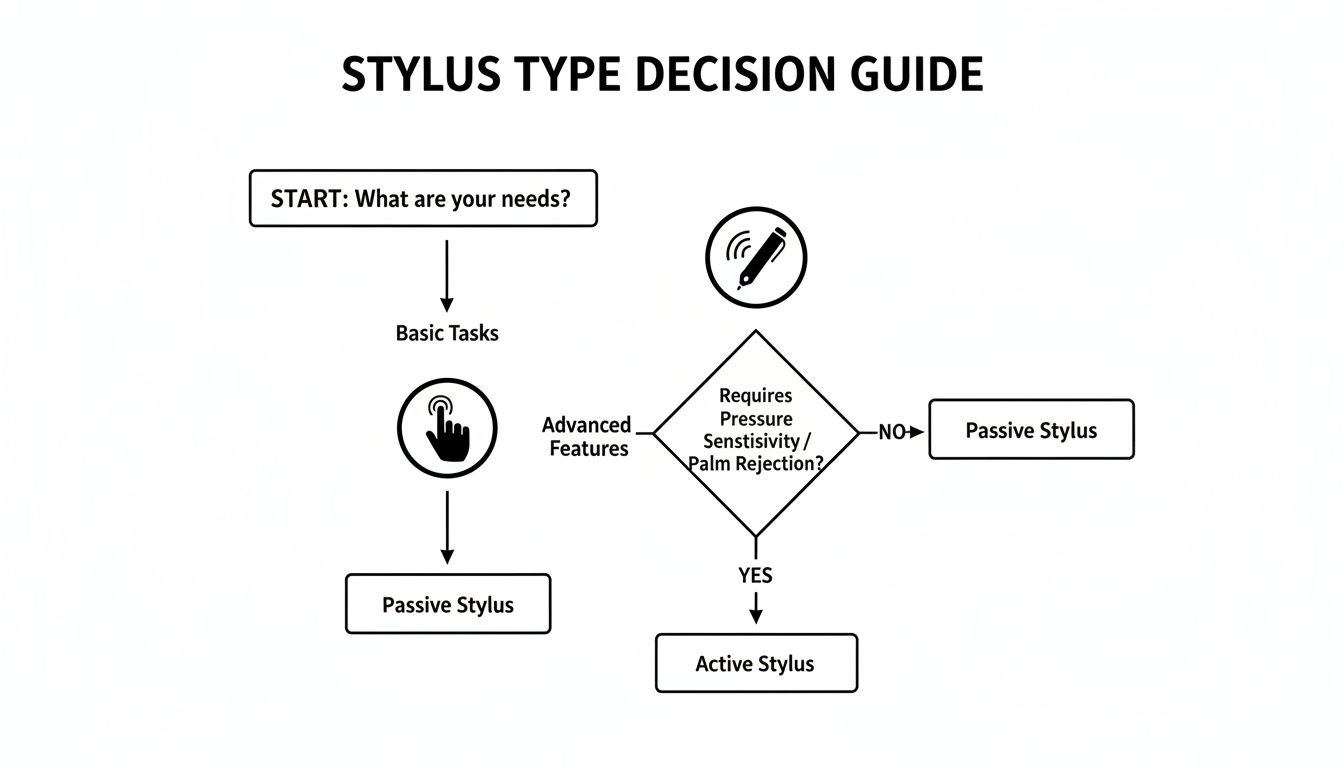 A flowchart guiding users to choose between a passive or active stylus based on their needs.