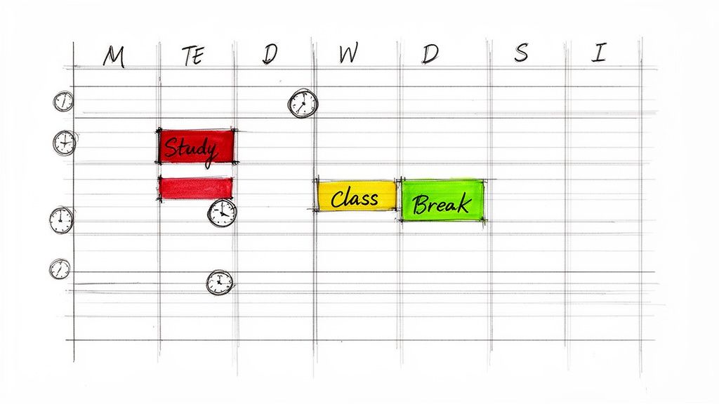 A handwritten weekly schedule or timetable showing 'Study', 'Class', and 'Break' activities.